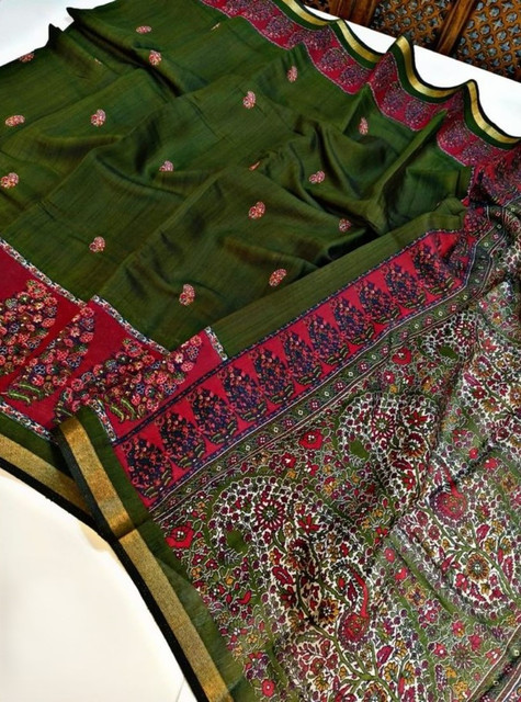 Women's Linen Kalamkari Printed Saree With Unstitched Blouse - 5.5 Mtr (Green-Pink) - Image 3