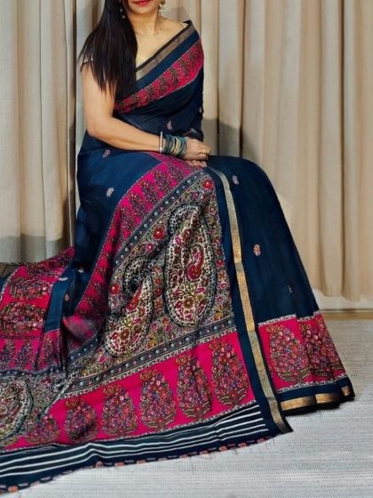 Women's Linen Kalamkari Printed Saree With Unstitched Blouse - 5.5 Mtr (Navy Blue- Pink)