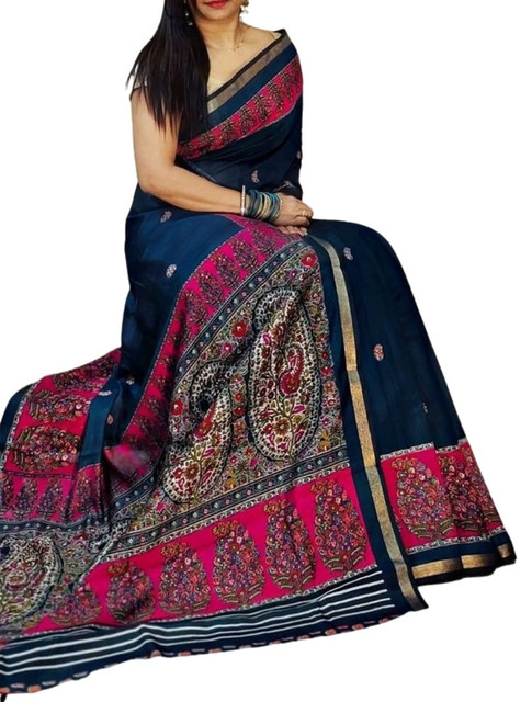 Women's Linen Kalamkari Printed Saree With Unstitched Blouse - 5.5 Mtr (Navy Blue- Pink) - Image 2
