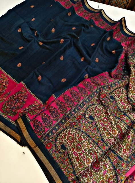 Women's Linen Kalamkari Printed Saree With Unstitched Blouse - 5.5 Mtr (Navy Blue- Pink) - Image 3