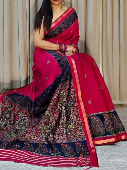 Women's Linen Kalamkari Printed Saree With Unstitched Blouse - 5.5 Mtr (Pink-Navy Blue)