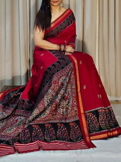 Women's Linen Kalamkari Printed Saree With Unstitched Blouse - 5.5 Mtr (Red-Navy Blue)