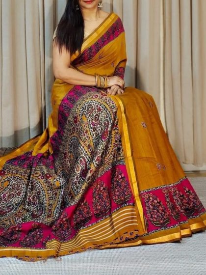 Women's Linen Kalamkari Printed Saree With Unstitched Blouse - 5.5 Mtr (Mustard-Yellow-Magenta)