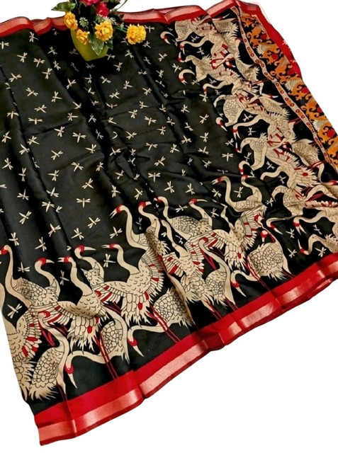 Women's Linen Kalamkari Printed Saree With Unstitched Blouse - 5.5 Mtr (Black-Red) - Image 2
