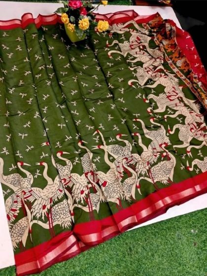 Women's Linen Kalamkari Printed Saree With Unstitched Blouse - 5.5 Mtr (Olive Green-Red)