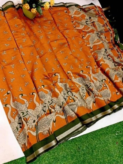 Women's Linen Kalamkari Printed Saree With Unstitched Blouse - 5.5 Mtr (Orange-Green)