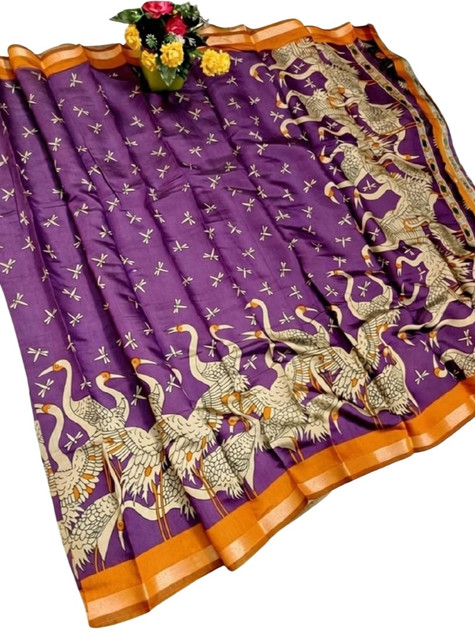 Women's Linen Kalamkari Printed Saree With Unstitched Blouse - 5.5 Mtr (Purple-Orange) - Image 2