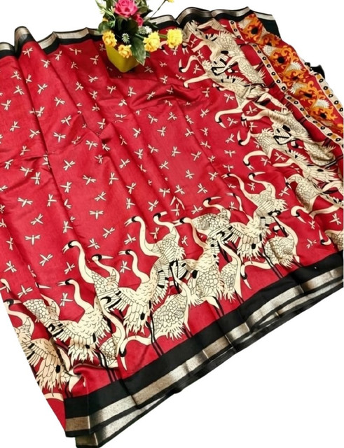 Women's Linen Kalamkari Printed Saree With Unstitched Blouse - 5.5 Mtr (Red-Black) - Image 2