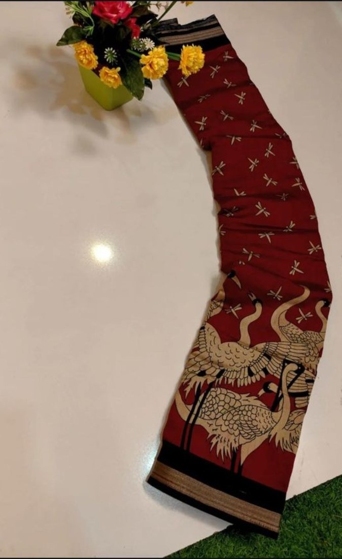 Women's Linen Kalamkari Printed Saree With Unstitched Blouse - 5.5 Mtr (Red-Black) - Image 3