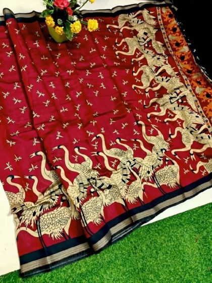 Women's Linen Kalamkari Printed Saree With Unstitched Blouse - 5.5 Mtr (Red-Navy Blue)