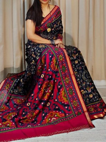 Women's Linen Printed Saree With Unstitched Blouse - 5.5 Mtr (Black-Pink)