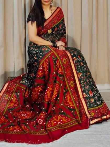 Women's Linen Printed Saree With Unstitched Blouse - 5.5 Mtr (Green-Red)
