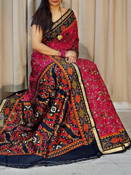 Women's Linen Printed Saree With Unstitched Blouse - 5.5 Mtr (Pink-Navy Blue)