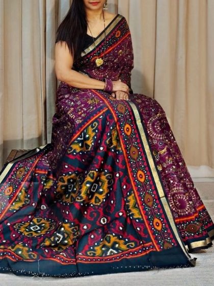 Women's Linen Printed Saree With Unstitched Blouse - 5.5 Mtr (Purple-Navy Blue)