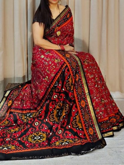Women's Linen Printed Saree With Unstitched Blouse - 5.5 Mtr (Red-Black)