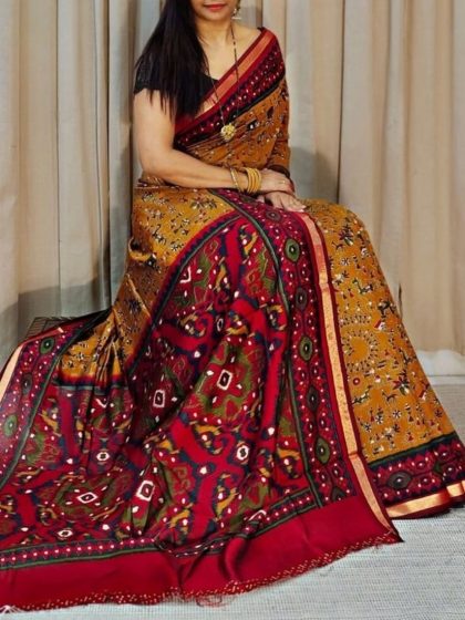 Women's Linen Printed Saree With Unstitched Blouse - 5.5 Mtr (Mustard Yellow-Red)