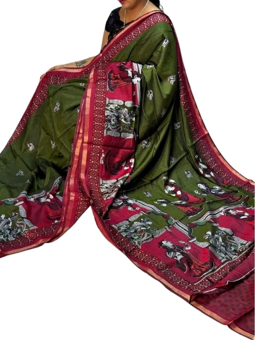 Women's Linen Kalamkari Printed Saree With Unstitched Blouse - 5.5 Mtr (Olive Green-Maroon) - Image 2