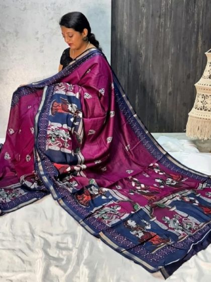 Women's Linen Kalamkari Printed Saree With Unstitched Blouse - 5.5 Mtr (Magenta-Navy Blue)