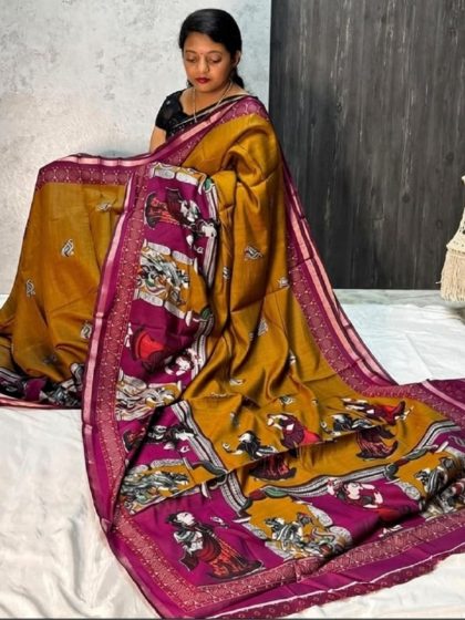Women's Linen Kalamkari Printed Saree With Unstitched Blouse - 5.5 Mtr (Mustard Yellow-Magenta)