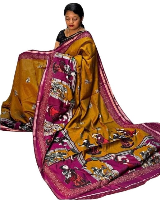 Women's Linen Kalamkari Printed Saree With Unstitched Blouse - 5.5 Mtr (Mustard Yellow-Magenta) - Image 2