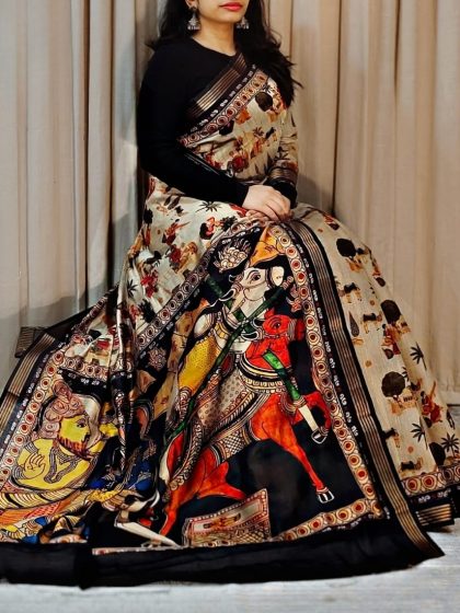 Women's Linen Kalamkari Printed Saree With Unstitched Blouse - 5.5 Mtr (Multicolor)