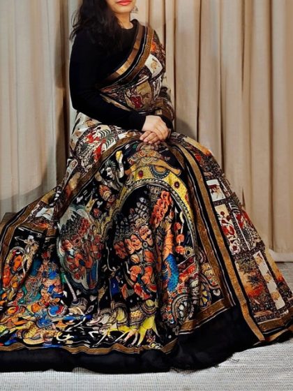 Women's Linen Kalamkari Printed Saree With Unstitched Blouse - 5.5 Mtr (Multicolor)