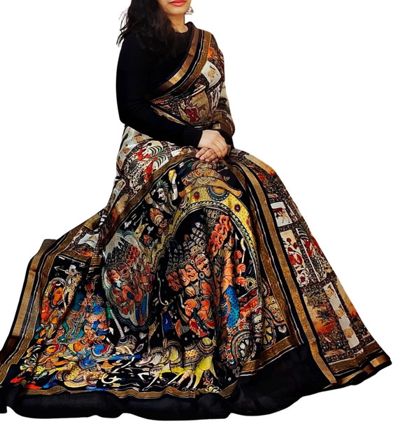 Women's Linen Kalamkari Printed Saree With Unstitched Blouse - 5.5 Mtr (Multicolor) - Image 2