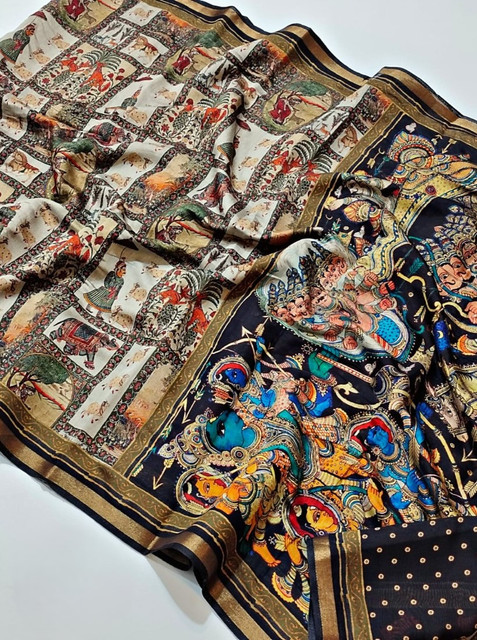 Women's Linen Kalamkari Printed Saree With Unstitched Blouse - 5.5 Mtr (Multicolor) - Image 3