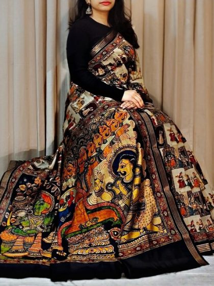 Women's Linen Kalamkari Printed Saree With Unstitched Blouse - 5.5 Mtr (Multicolor)