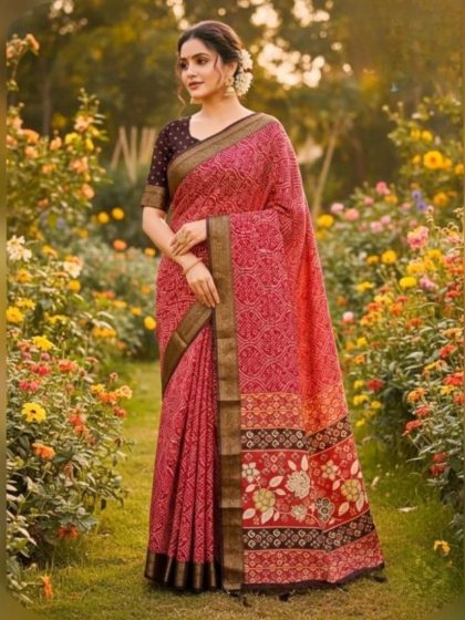 Women's Linen Floral Printed Saree With Unstitched Blouse - 5.5 Mtr (Red)