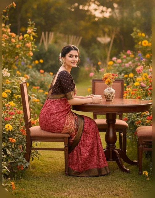 Women's Linen Floral Printed Saree With Unstitched Blouse - 5.5 Mtr (Red) - Image 4