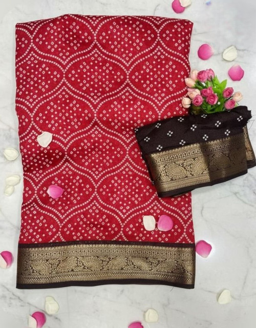 Women's Linen Floral Printed Saree With Unstitched Blouse - 5.5 Mtr (Red) - Image 5