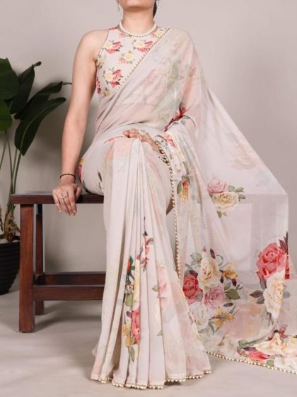 Women's Georgette Floral Printed Saree With Unstitched Blouse - 5.5 Mtr (Beige)
