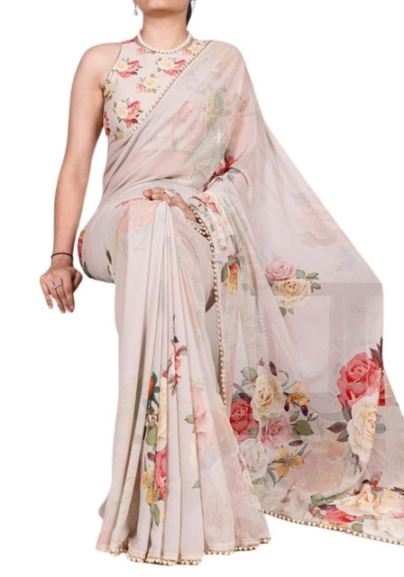 Women's Georgette Floral Printed Saree With Unstitched Blouse - 5.5 Mtr (Beige) - Image 2