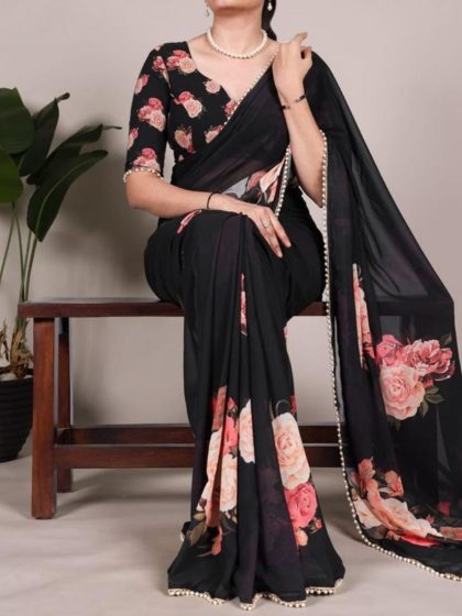 Women's Georgette Floral Printed Saree With Unstitched Blouse - 5.5 Mtr (Black)