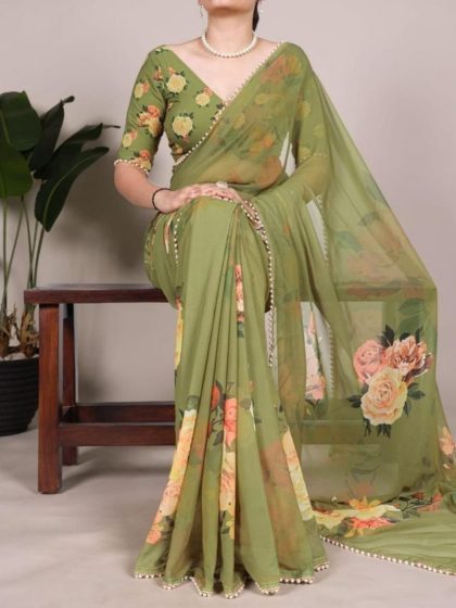 Women's Georgette Floral Printed Saree With Unstitched Blouse - 5.5 Mtr (Green)