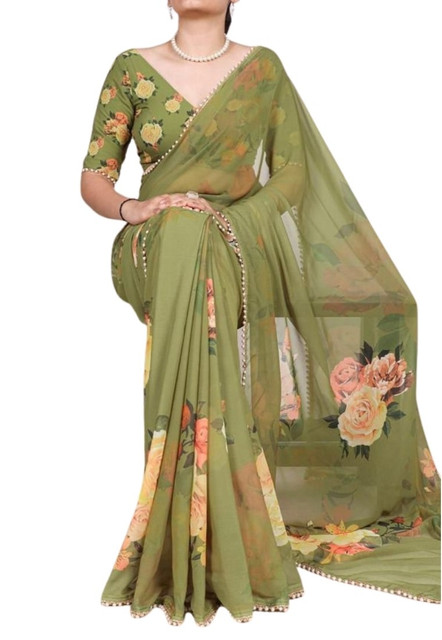Women's Georgette Floral Printed Saree With Unstitched Blouse - 5.5 Mtr (Green) - Image 2