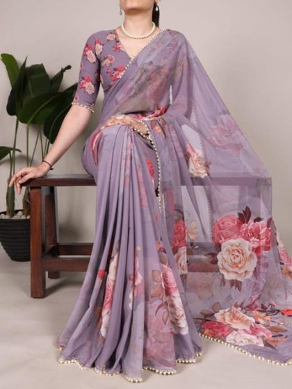Women's Georgette Floral Printed Saree With Unstitched Blouse - 5.5 Mtr (Lavender)