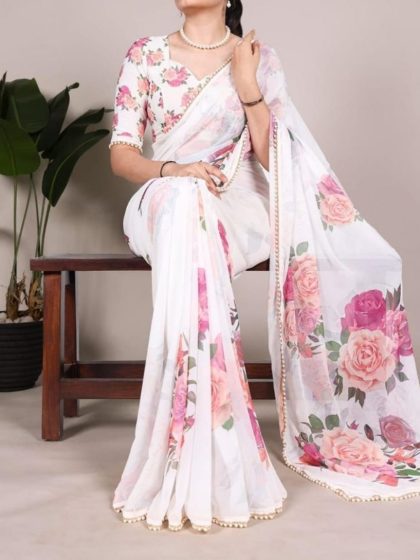 Women's Georgette Floral Printed Saree With Unstitched Blouse - 5.5 Mtr (White)
