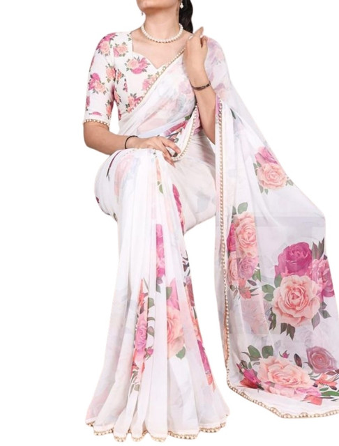 Women's Georgette Floral Printed Saree With Unstitched Blouse - 5.5 Mtr (White) - Image 2