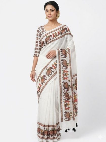Women's Linen Kalamkari Saree With Unstitched Blouse - 5.5 Mtr (White)