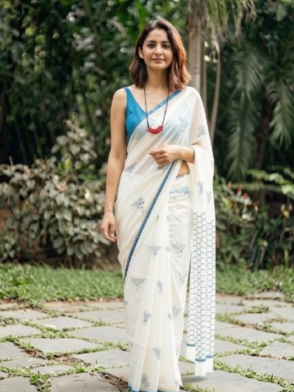 Women's Linen Printed Saree With Unstitched Blouse - 5.5 Mtr (White-Blue)