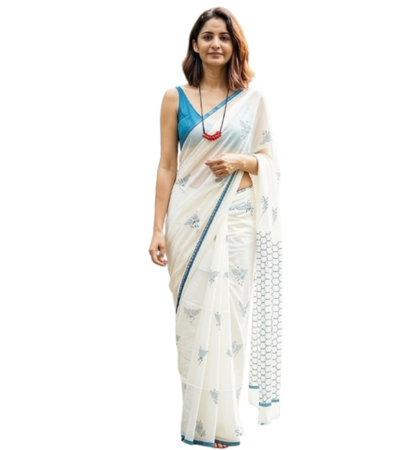 Women's Linen Printed Saree With Unstitched Blouse - 5.5 Mtr (White-Blue) - Image 2