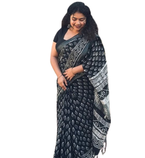 Women's Linen Printed Saree With Unstitched Blouse - 5.5 Mtr (Black) - Image 2