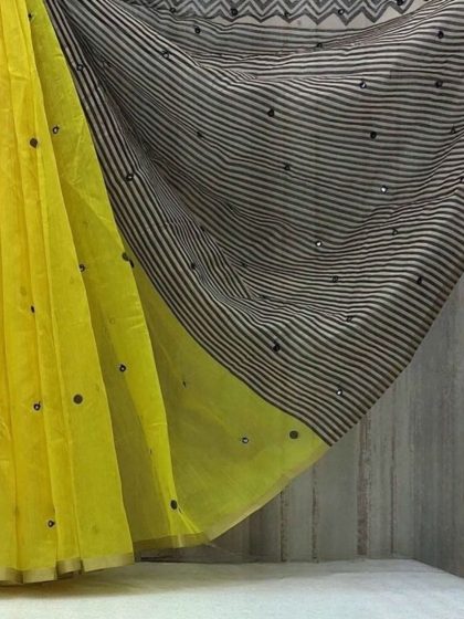 Women's Linen Striped Saree With Unstitched Blouse - 5.5 Mtr (Lemon Yellow)