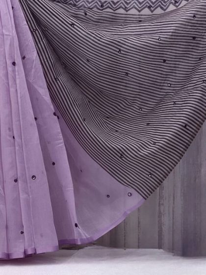 Women's Linen Striped Saree With Unstitched Blouse - 5.5 Mtr (Purple)