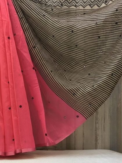 Women's Linen Striped Saree With Unstitched Blouse - 5.5 Mtr (Pink)