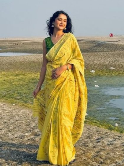 Women's Linen Floral Printed Saree With Unstitched Blouse - 5.5 Mtr (Yellow)