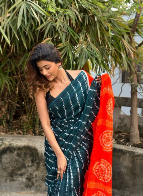 Women's Linen Printed Saree With Unstitched Blouse - 5.5 Mtr (Teal-Orange) - Image 4