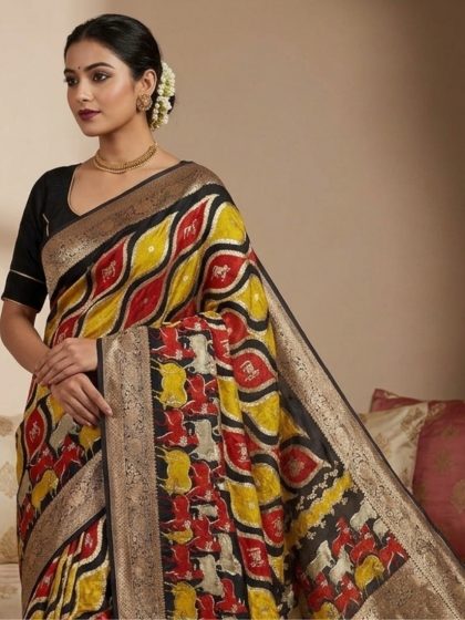 Women's Art Silk Kalamkari Printed Saree With Unstitched Blouse - 5.5 Mtr (Multicolor)